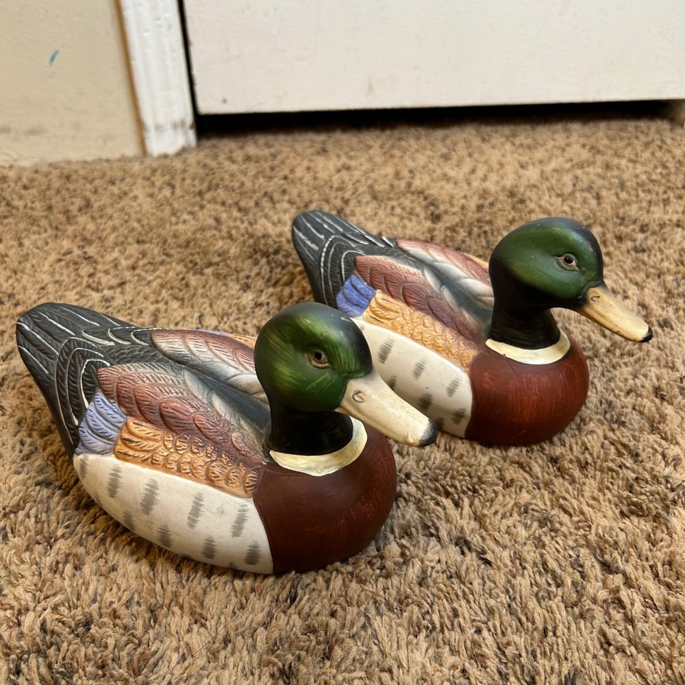 Vintage Ceramic Mallard Duck Figurines Pair Hand Painted Waterfowl Decor READ